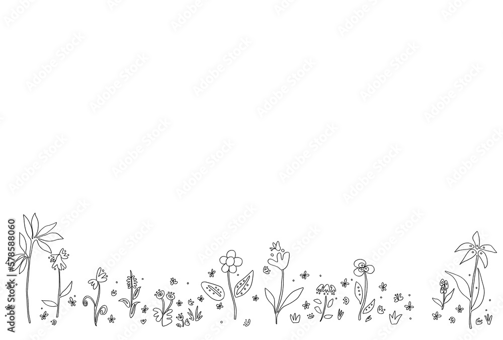 可愛い花の手書きイラストフレーム線画素材