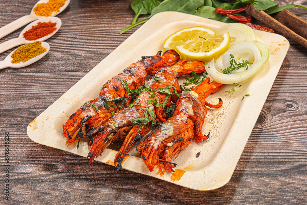 Indian cuisine - grilled prawn with spices Indian cuisine - grilled prawn with spices