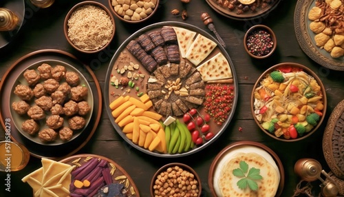 top view of Ramadan food on table, Generative AI