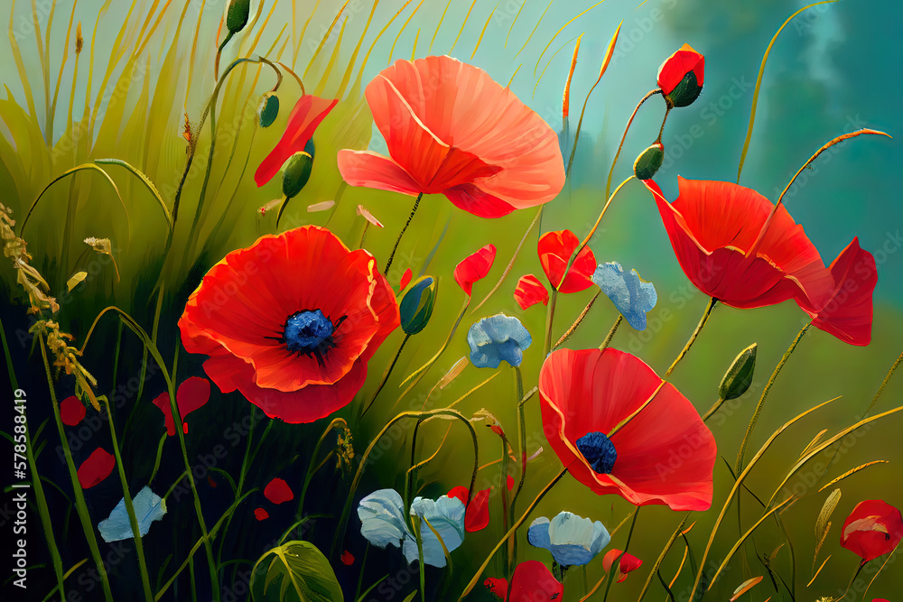 Obraz premium summer meadow with red poppies, nice color. Generative Ai
