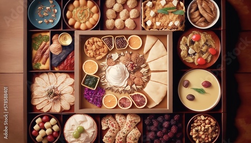 top view of Ramadan food on table  Generative AI