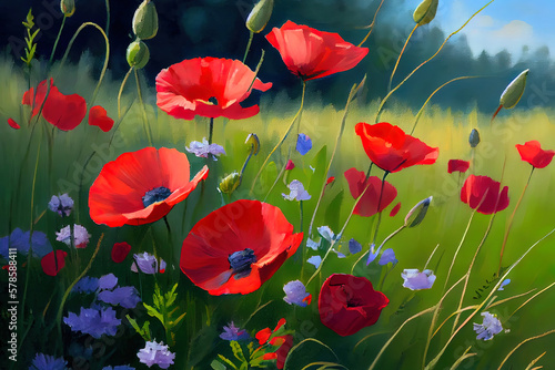 summer meadow with red poppies, nice color. Generative Ai