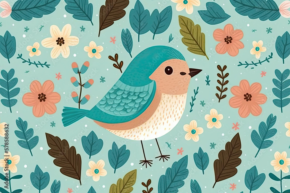 illustration of a small blue feathered bird with pink breast and belly against a blue background with flowers and leaves, vintage wallpaper
