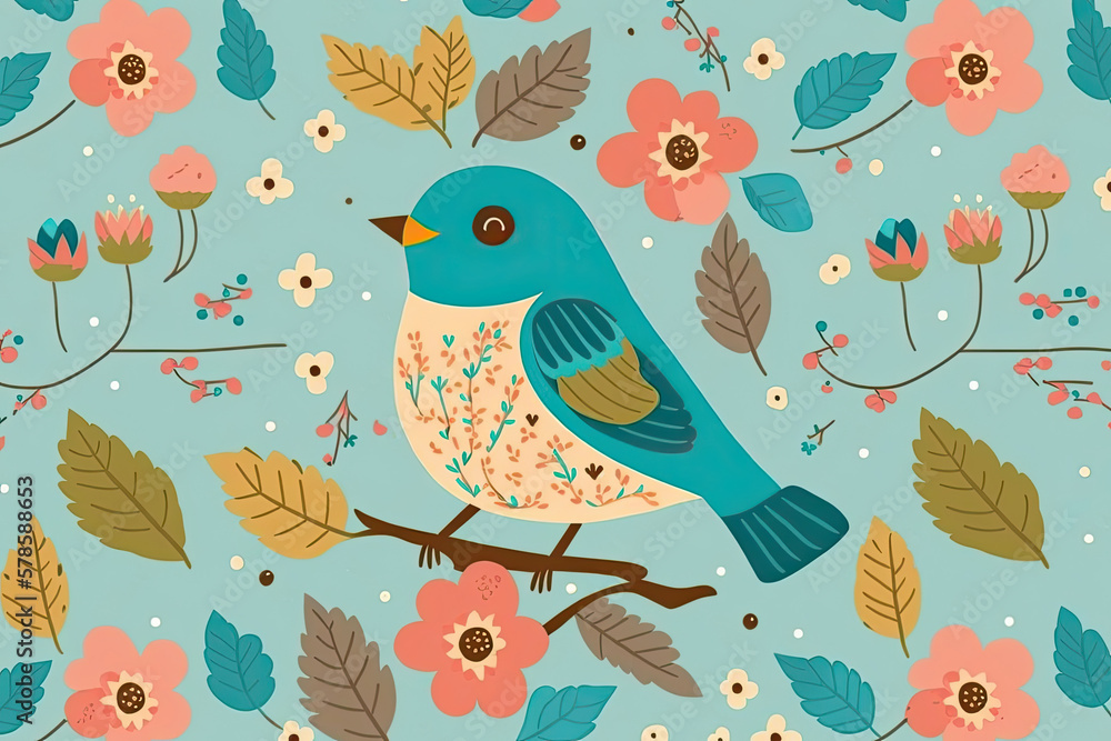 vintage style wallpaper with a blue bird on a branch surrounded by various flowers and leaves on blue background