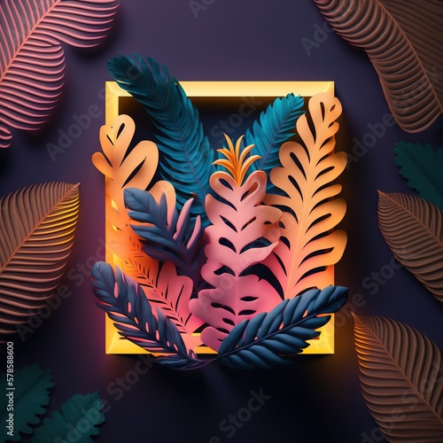 Beautiful colorful tropical leaves with neon frame on dark background. Abstract background or wallpaper Generative AI.