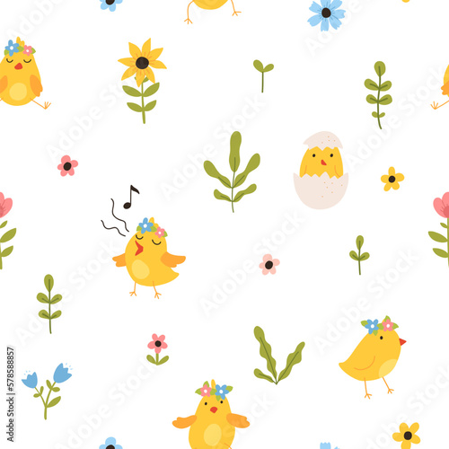 Vector color hand-drawn children cute easter seamless pattern with hens  bunny  easter eggs  flowers in scandinavian style. Easter colorful set. Doodle cartoon spring background. Happy easter.