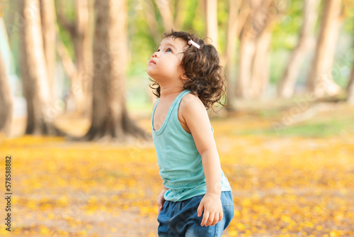 Little Caucasian child girl standing under the tree, looking up to yellow leaves falling down on ground at park. Cute kid with curly hair wear casual clothes in Autumn. Copy space