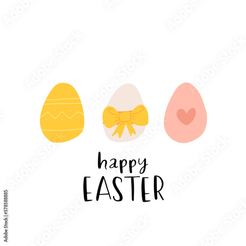 Vector color hand-drawn children cute easter poster with bunny, wreath of flowers in scandinavian style on a white background. Easter set. Spring. Happy easter.