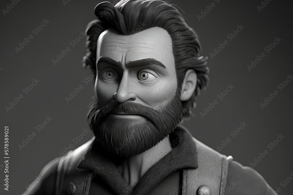 animation of a man with full beard and hair, he frowns and wrinkles his forehead