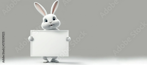 smile rabbit cute character holding white blank sign on white background, generative ai