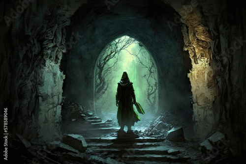 assassin with long green coat stands in front of a round tapered passage leading into a forest, old weathered stone steps in foreground