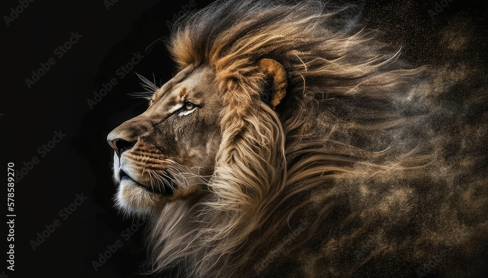 powerful male lion with a magnificent mane fading into gold dust, black ...