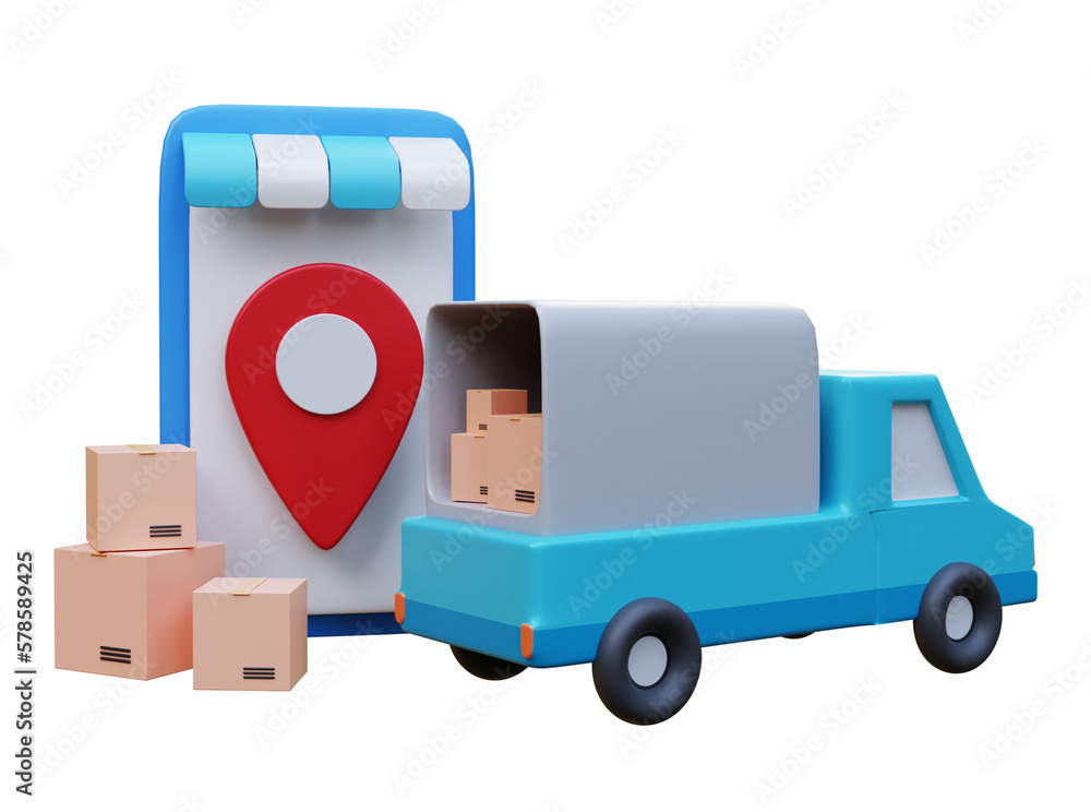 E-commerce concept, Shopping online and delivery service on mobile application, webpage, app design. Transportation shipment delivery by truck. 3d rendering E-commerce concept, Shopping online and delivery service on mobile application, webpage, app design. Transportation shipment delivery by truck. 3d rendering