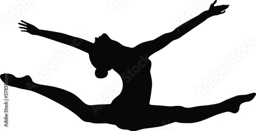 split leap exercise woman gymnast in rhythmic gymnastics, black silhouette on white background, vector illustration, summer olympic games
