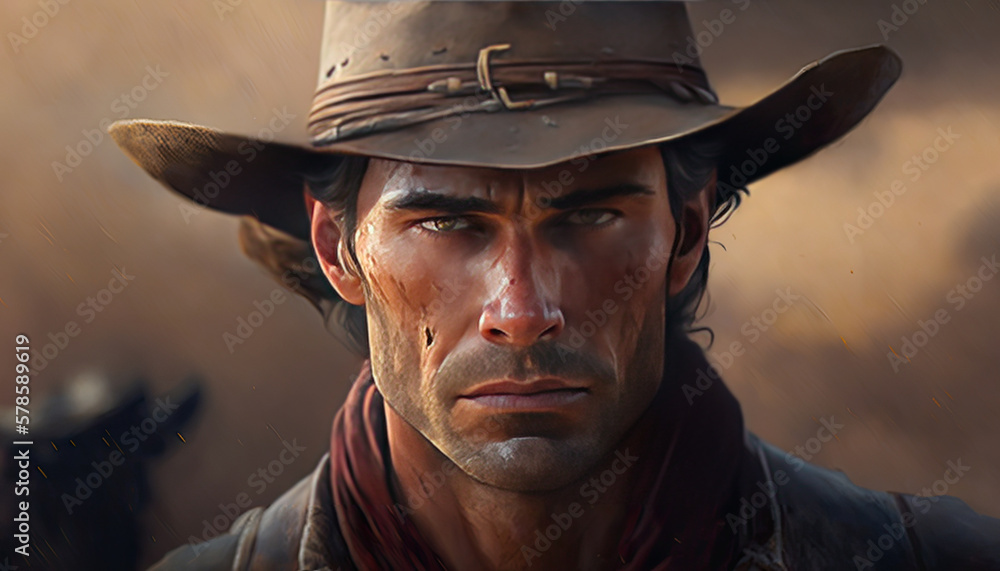 cowboy from a game, big brown cowboy hat, beard stubble cowboy from a game, big brown cowboy hat, beard stubble