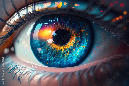 Colorful cosmic human eye in close range. Generative ai design.