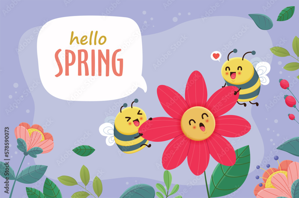 Vintage hello spring greeting banner design template with bee.