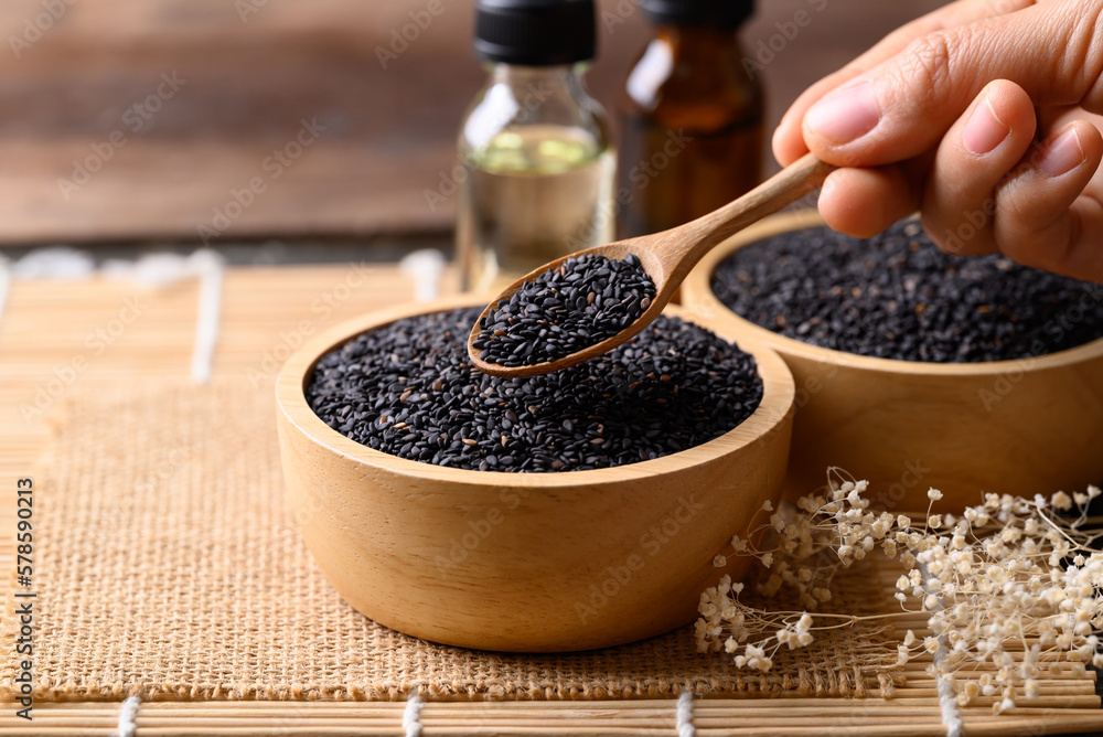 Black sesame seed and oil, Food ingredients in Asian cuisine Black sesame seed and oil, Food ingredients in Asian cuisine