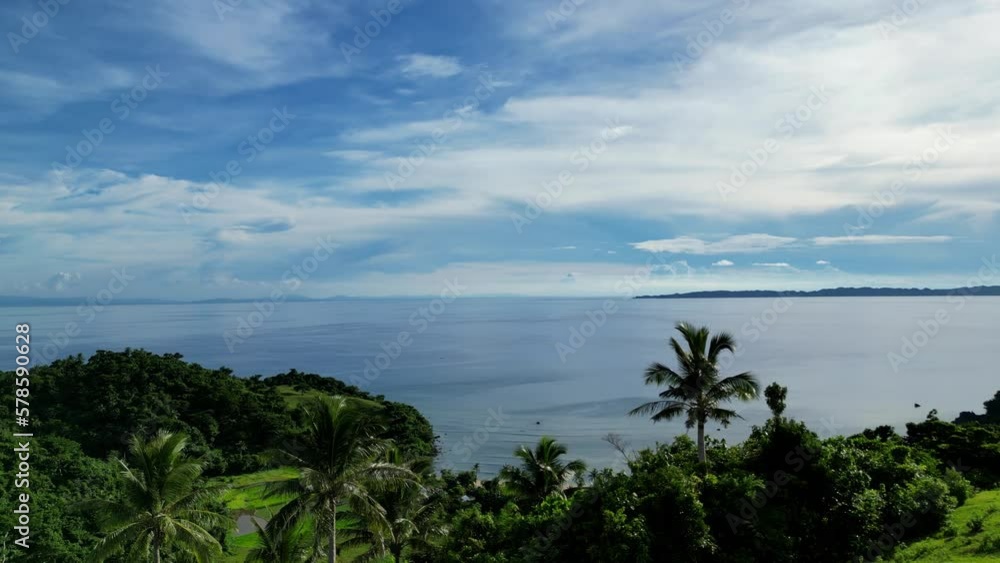 A breathtaking aerial view over a lush treetop with palm trees reveals a stunning bay near the ocean in Catanduanes. A breathtaking aerial view over a lush treetop with palm trees reveals a stunning bay near the ocean in Catanduanes.