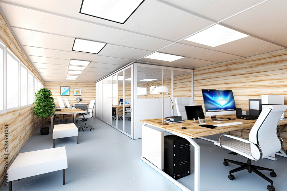 Stylish and functional modern office with natural lighting and contemporary design elements. Generative AI Stylish and functional modern office with natural lighting and contemporary design elements. Generative AI