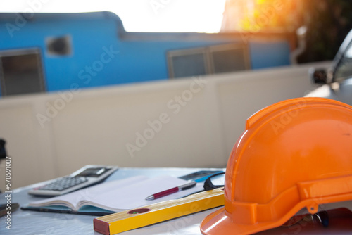 Desk of Architectural working project in construction site