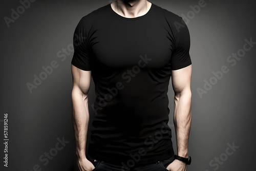Male is wearing black blank shirt. Generative ai design.