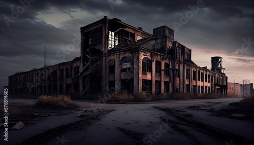 An abandoned factory, eerie, desolate, haunting, industrial, moody lighting, Generative AI, illustration