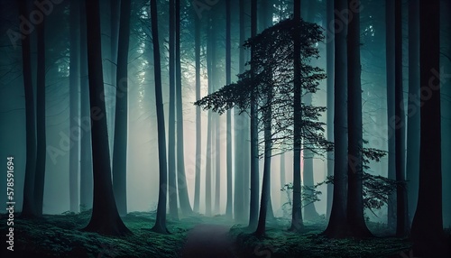 A misty forest  mystical  enchanted  peaceful  green  captured with a large format film camera  Generative AI  illustration