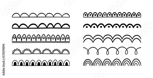 Doodle scalloped edge seamless brush stroke. Hand drawn scalloped border. Fabric laces silhouette. Repeat cute vintage frill ornament. Texture ribbon. Vector illustration isolated on white background.