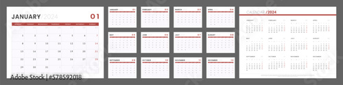 2024 Calendar Planner Template. Vector layout of a wall or desk simple calendar with week start monday. Set of monthly and annual page calendar. Minimalist corporate calendar design for print.