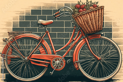 beautiful older ladies bicycle, basket with fresh fruit and vegetables photo