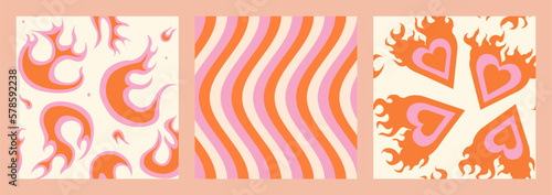 1970 Groovy Fire, Waves, Fire Rainbow Hearts Pattern Set. Retro Orange, Pink and Beige Colors. Vector Hippie Aesthetic. Flat Design. Trendy Graphic Cover, T-shirt, Sticker, Wallpaper, Social media.