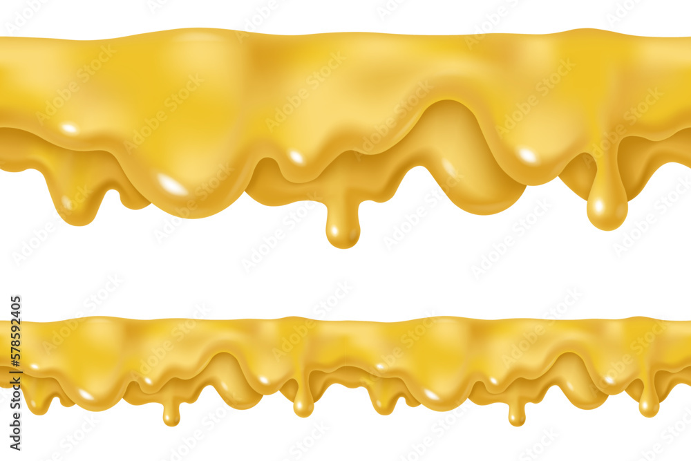 Dripping melted cheese drops or mustard sauce design. Vector 3d liquid