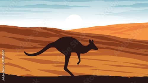 a kangaroo running across a desert plain