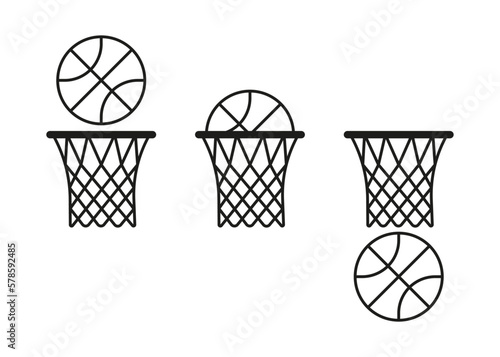 Basketball ball hits hoop with net icon. Accurate hit, throw at target. Sports game with goal. Hitting ball in ring, success. Vector