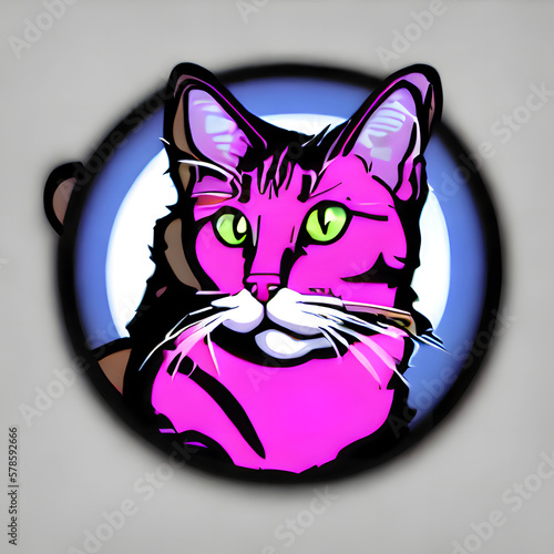 Retro-Welle Porträt einer Katze Reflexion. 80er Jahre Poster-Stil violett Neon Ästhetik. Generative AI Art Illustration