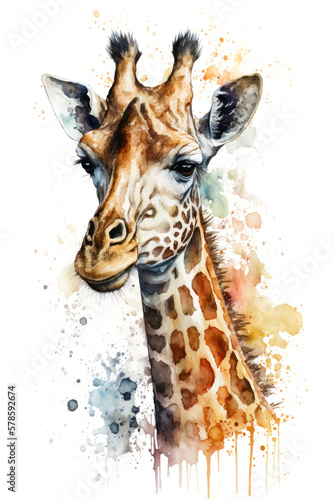 Illustration giraffe in watercolor. Animal on a white background, generative AI