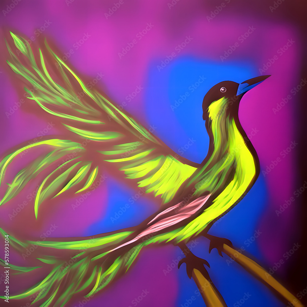 Obraz premium Retro-Welle Porträt eines Vogels Reflexion. 80er Jahre Poster-Stil violett Neon Ästhetik. Generative AI Art Illustration