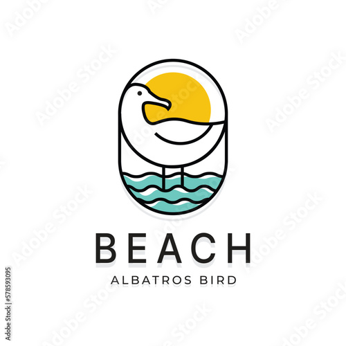 Seagull bird logo on water with simple minimalist lines