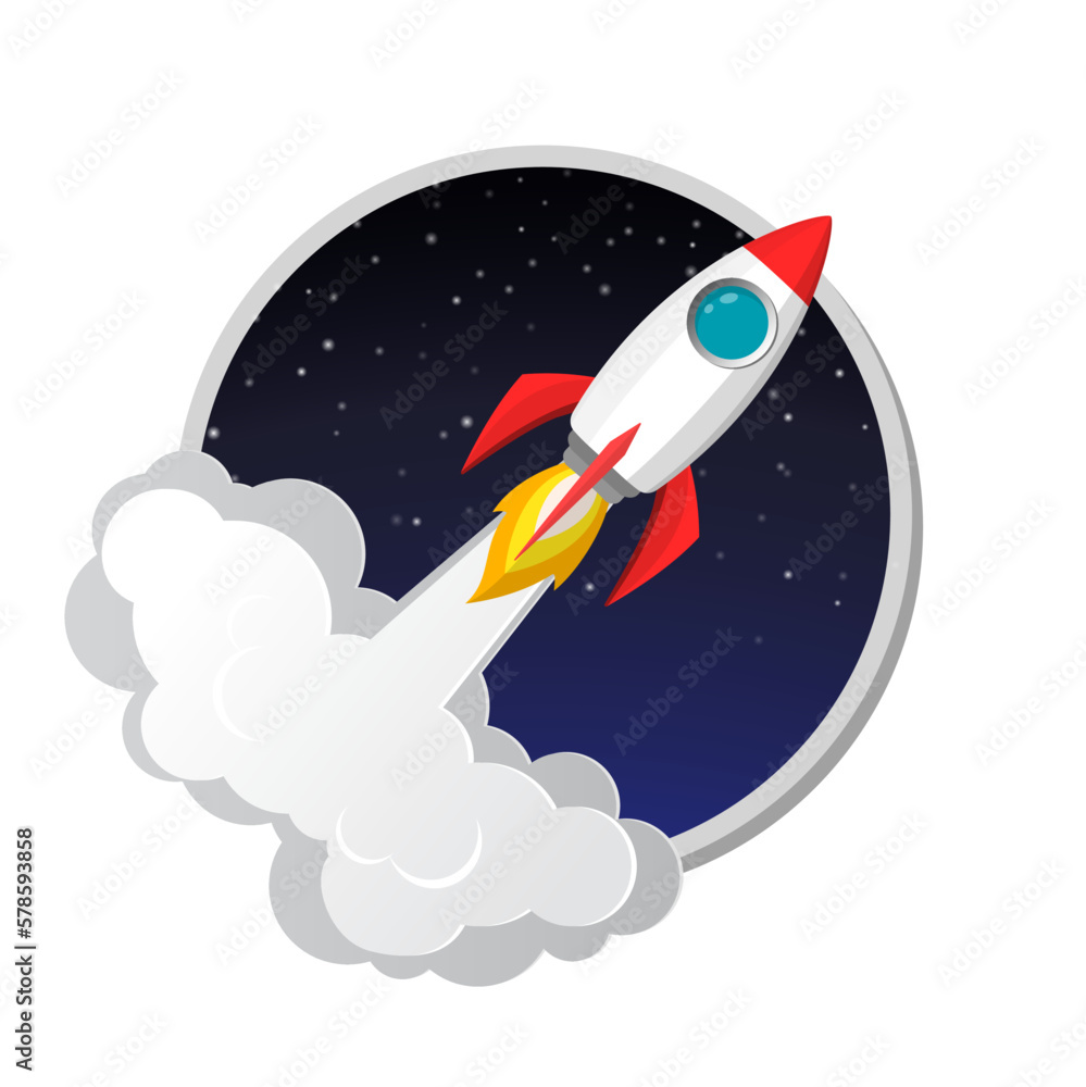 Fototapeta premium space rocket launch model icon and flame on night sky and smoke background. logo or banner