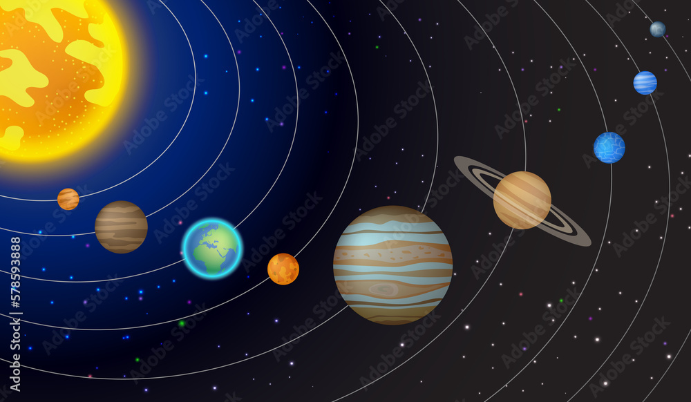Naklejka premium Our solar system, light starts, asteroid belt and universe on dark background. vector illustration