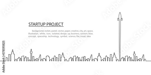 space rocket launch to the sky and city on background. vector line concept