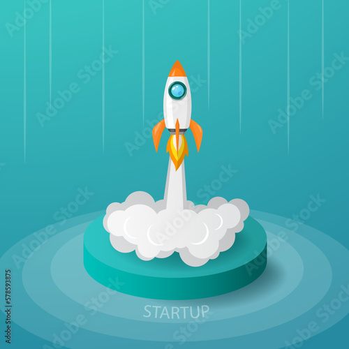 space rocket launch from stage to the sky in startup concept of business or project.