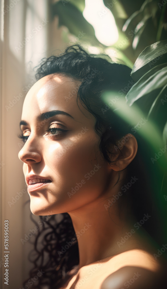 A beautiful woman with clear skin and relaxed features, surrounded by lush greenery and natural elements, indulging in spa treatments and embracing a wellness-centered lifestyle. A beautiful woman with clear skin and relaxed features, surrounded by lush greenery and natural elements, indulging in spa treatments and embracing a wellness-centered lifestyle.