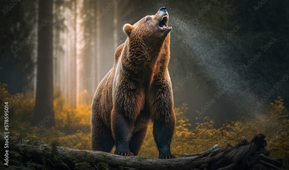 Brown grizzly bear roaring in the morning forest. digital ai art