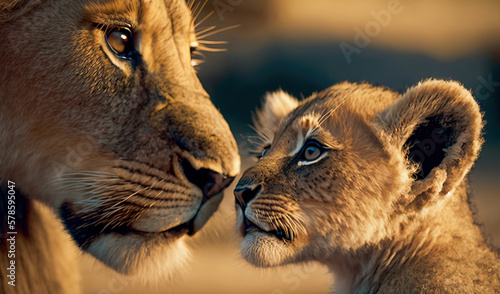 Lioness mother with her lion cub. mother love concept Digital ai art 