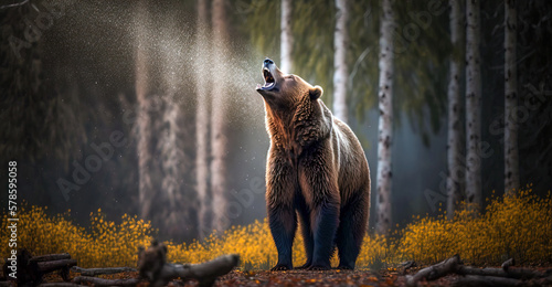 Brown grizzly bear roaring in the morning forest. digital ai art