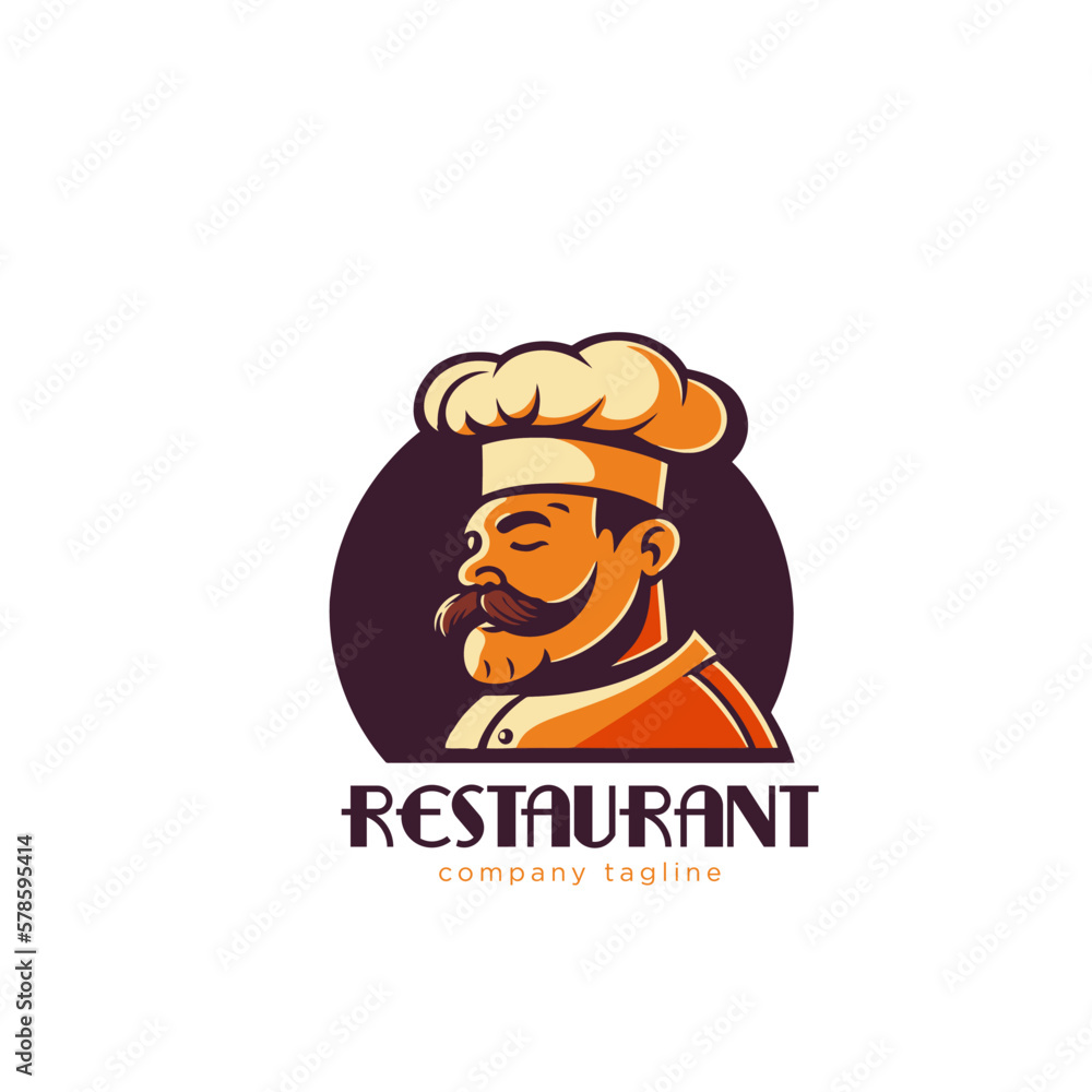 Restaurant logo template. Vector illustration of a chef with a mustache and hat.