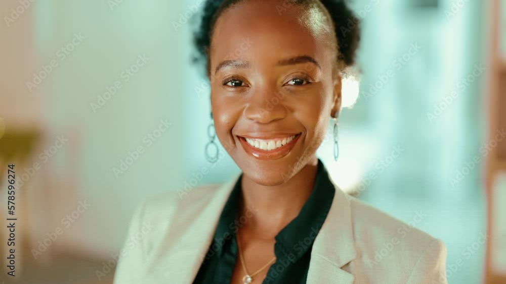 Happy black woman, night business and face in office for happiness, confidence and motivation in Nigeria. Young female worker, portrait and smile in dark company, working overtime and corporate pride Happy black woman, night business and face in office for happiness, confidence and motivation in Nigeria. Young female worker, portrait and smile in dark company, working overtime and corporate pride