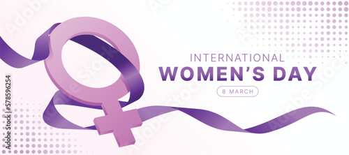 International women's day - 3D female sign with purple ribbon roll around on dot texture background vector design